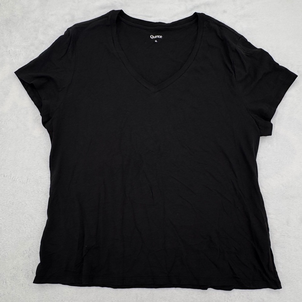 Quince Women Black Cotton Modal V-Neck Tee Short Sleeve Shirt - XL Comfort Basic